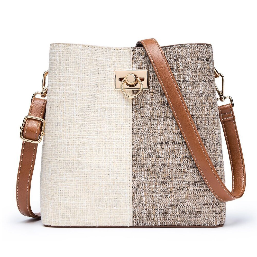 Vegan Leather Crossbody Bucket Bag with Multi Pockets - 9.05"